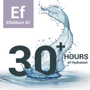 Op de afbeelding: Een blauwe waterspat met de tekst "30+ UUR Hydratatie" en de letters "Ef" en "ElfaMoist AC" in een paarse doos.