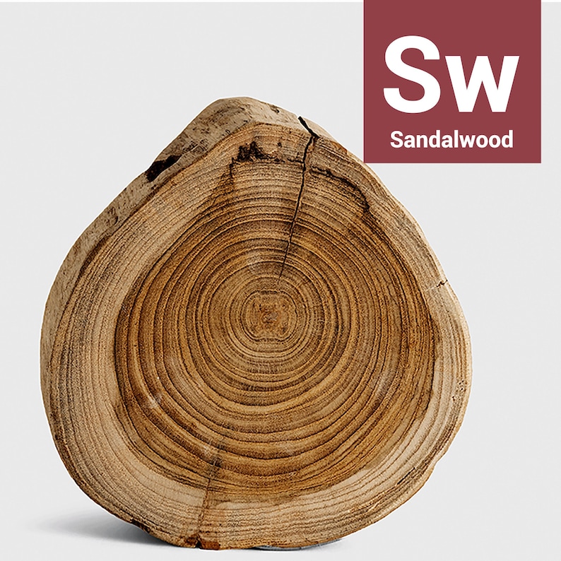 May include: A close-up of a cross-section of a sandalwood log, showing the intricate grain patterns and rings. The wood is a warm brown color.