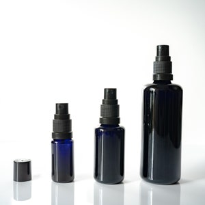 UV Violet Glass Bottle with Black Spray Cap: 3 sizes, 10ml, 30ml, 100ml, - High Quality Cosmetic Spray Cap Atomizer, Reusable, Brand New