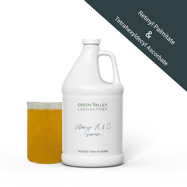 May include: A white plastic jug with a green label that reads "GREEN VALLEY LABORATORY" and "Vitamin A & C Serum". The label also states "Multiple Sizes Available".