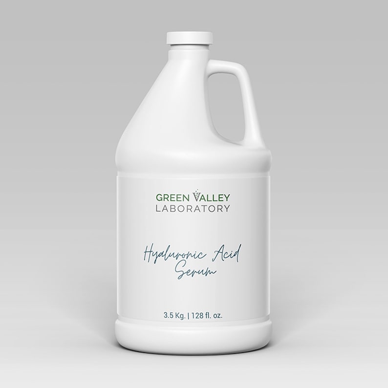 May include: A white plastic jug with a green and white label that reads "GREEN VALLEY LABORATORY Hyaluronic Acid Serum 3.5 Kg. | 128 fl. oz."