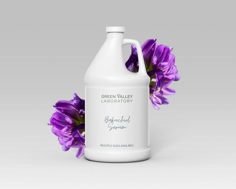 May include: White plastic jug with a handle, labeled "Green Valley Laboratory Bakuchiol Serum" and "Multiple Sizes Available". The jug is surrounded by purple flowers.