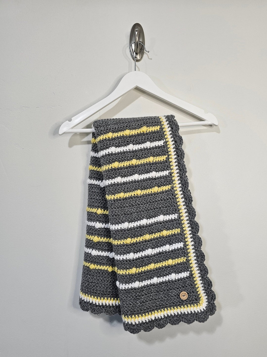Gender Neutral Crochet Baby Blanket, Gray Yellow White Stripes Baby Blanket, Soft Crochet Baby