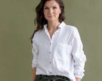 Classic white linen shirt | oversized | with front buttons and pocket