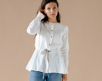 White linen shirt for women with waist belt / strap, long sleeve white linen shirt, button up linen blouse easy breath