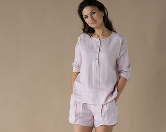 Linen Pajama SET | Linen sleepwear | Linen PJ's for women | buttoned top | elastic waist linen shorts | loungewear