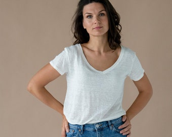 Classic White Linen Jersey V-Neck T-Shirt for Women - Breathable & Casual Tee