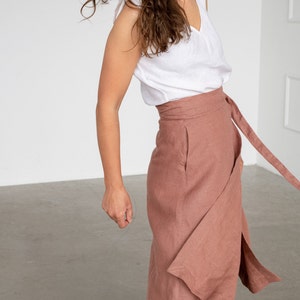 WRAP linen skirt, High-waist mid length skirt image 3