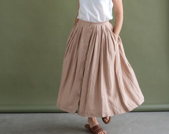Front Button Linen Skirt with deep pockets and folds