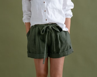 Short en lin vert foncé taille régulière avec ceinture et poches, taille élastique, short en lin pour femme, short d’été, short en lin naturel