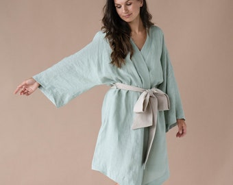 Elegant Mint Linen Robe with Sash Belt - Luxurious Lightweight Kimono - Eco-Friendly Bathrobe - Stylish Bridal Loungewear - Soft Pastel Wrap