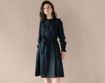Long sleeve BLACK linen dress with buttons in the front