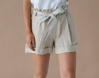 Vita normale Pantaloncini in lino SABBIA con cintura e tasche, elastico in vita, shorts di lino donna, shorts donna, pantaloncini estivi, shorts in lino naturale