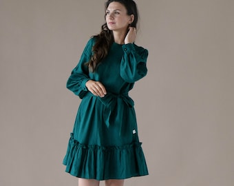 LINEN DRESS for autumn or winter | green | country | vintage | midi | elegant | long puffy sleeves | handmade | soft | with belt | ribbon