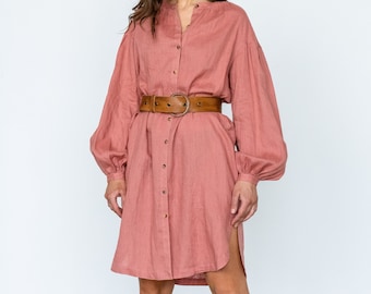 Robe chemise en lin avec manches bouffantes, robe en lin avec poches, robe boutonnée, robe d'allaitement, robe boutonnée sur le devant, robe d'été en lin