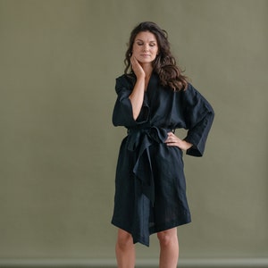 Linen Bath Robe KIMONO style Short Linen robe gift for her image 4
