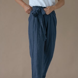 Linen pants for woman, Paper bag, capri linen pants, trousers with pockets loose fit elastic waistband softened linen high waisted image 3