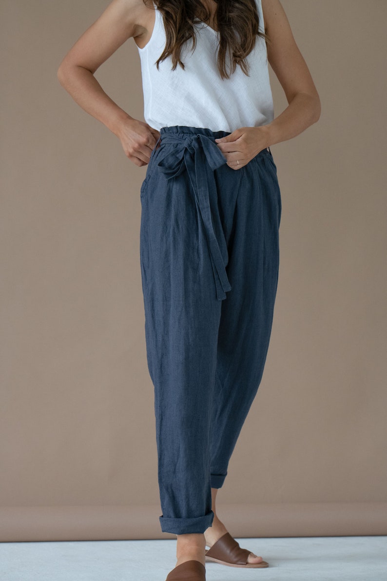 Linen pants for woman, Paper bag, capri linen pants, trousers with pockets loose fit elastic waistband softened linen high waisted image 3