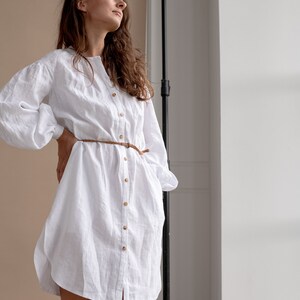 Chic Elegant White Linen Tunic Dress Perfect for Summer Brunches and Garden Parties, Artisan Crafted with Puff Sleeves image 10