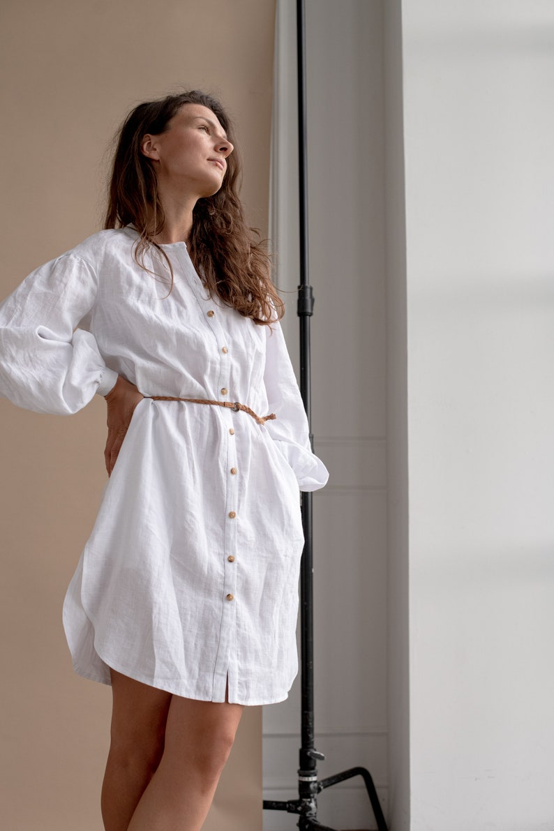 Chic Elegant White Linen Tunic Dress Perfect for Summer Brunches and Garden Parties, Artisan Crafted with Puff Sleeves image 10
