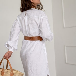 Chic Elegant White Linen Tunic Dress Perfect for Summer Brunches and Garden Parties, Artisan Crafted with Puff Sleeves image 5