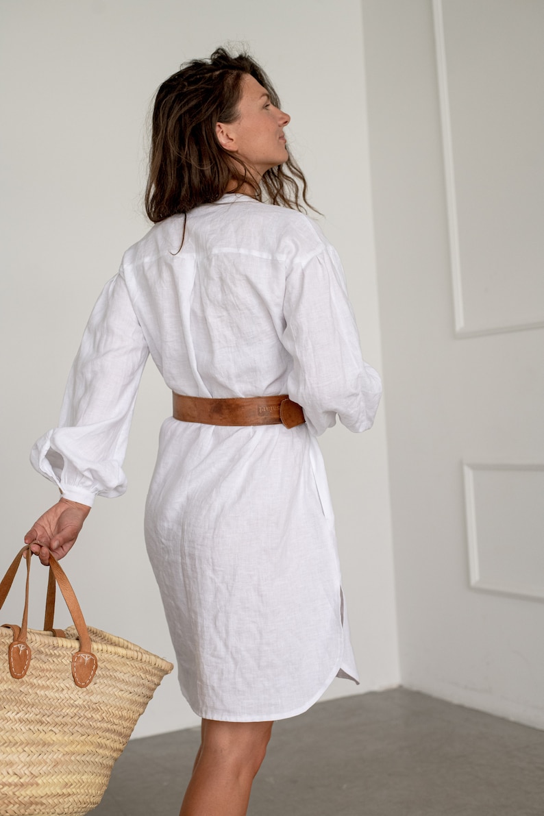 Chic Elegant White Linen Tunic Dress Perfect for Summer Brunches and Garden Parties, Artisan Crafted with Puff Sleeves image 5