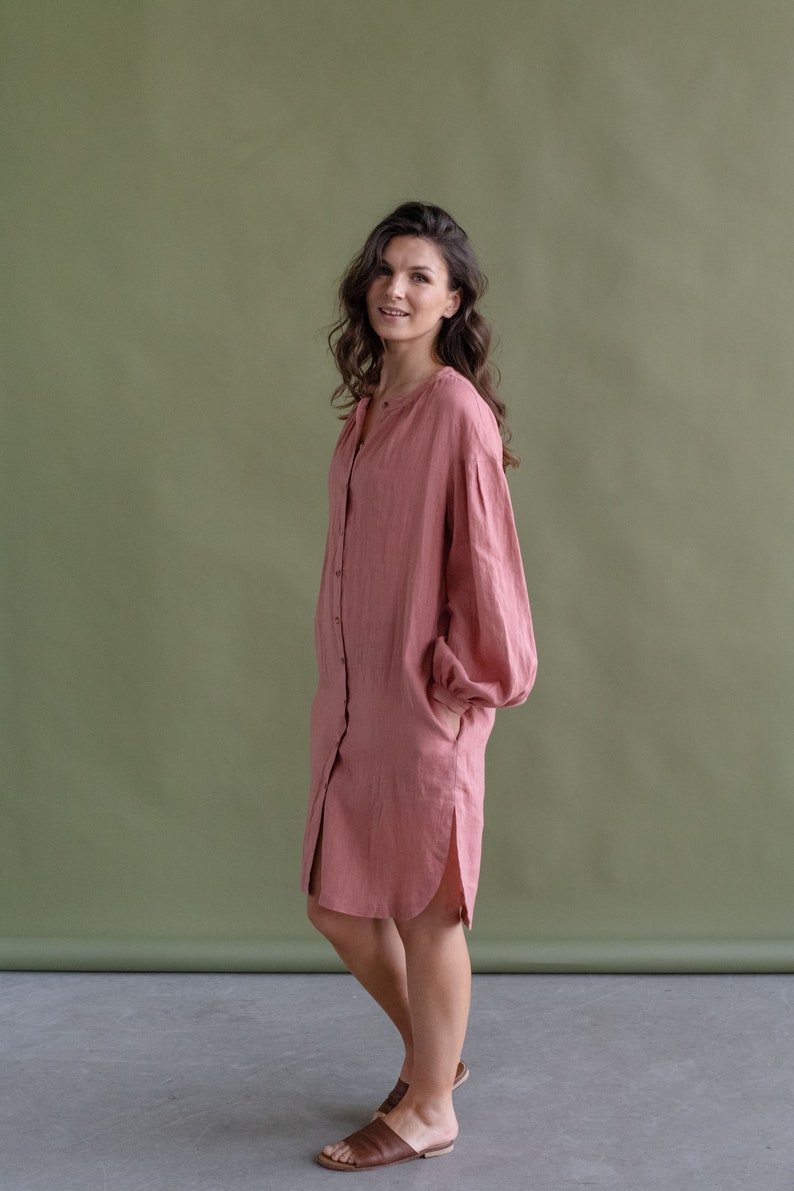 Linen Shirt Dress With Puff Sleeves Linen Dress With Pockets - Etsy