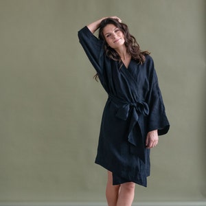 Linen Bath Robe KIMONO style Short Linen robe gift for her image 5