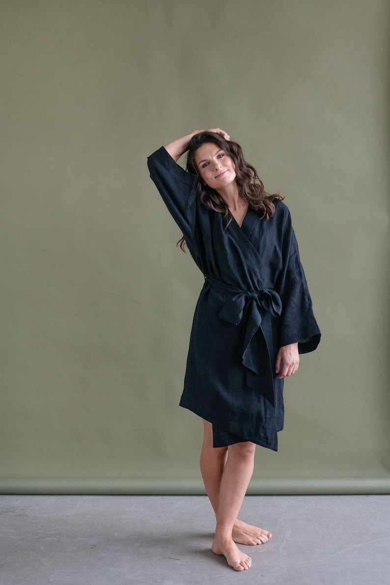 Linen Bath Robe KIMONO style Short Linen robe gift for her image 5