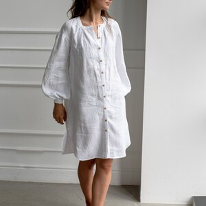 Chic Elegant White Linen Tunic Dress Perfect for Summer Brunches and Garden Parties, Artisan Crafted with Puff Sleeves image 9