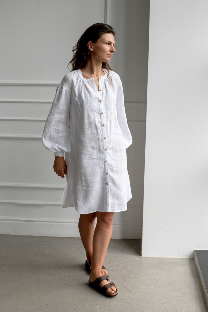 Chic Elegant White Linen Tunic Dress Perfect for Summer Brunches and Garden Parties, Artisan Crafted with Puff Sleeves image 9