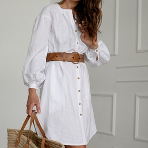 Chic Elegant White Linen Tunic Dress Perfect for Summer Brunches and Garden Parties, Artisan Crafted with Puff Sleeves image 2