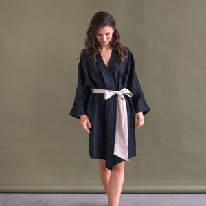 Linen Bath Robe KIMONO style Short Linen robe gift for her image 2