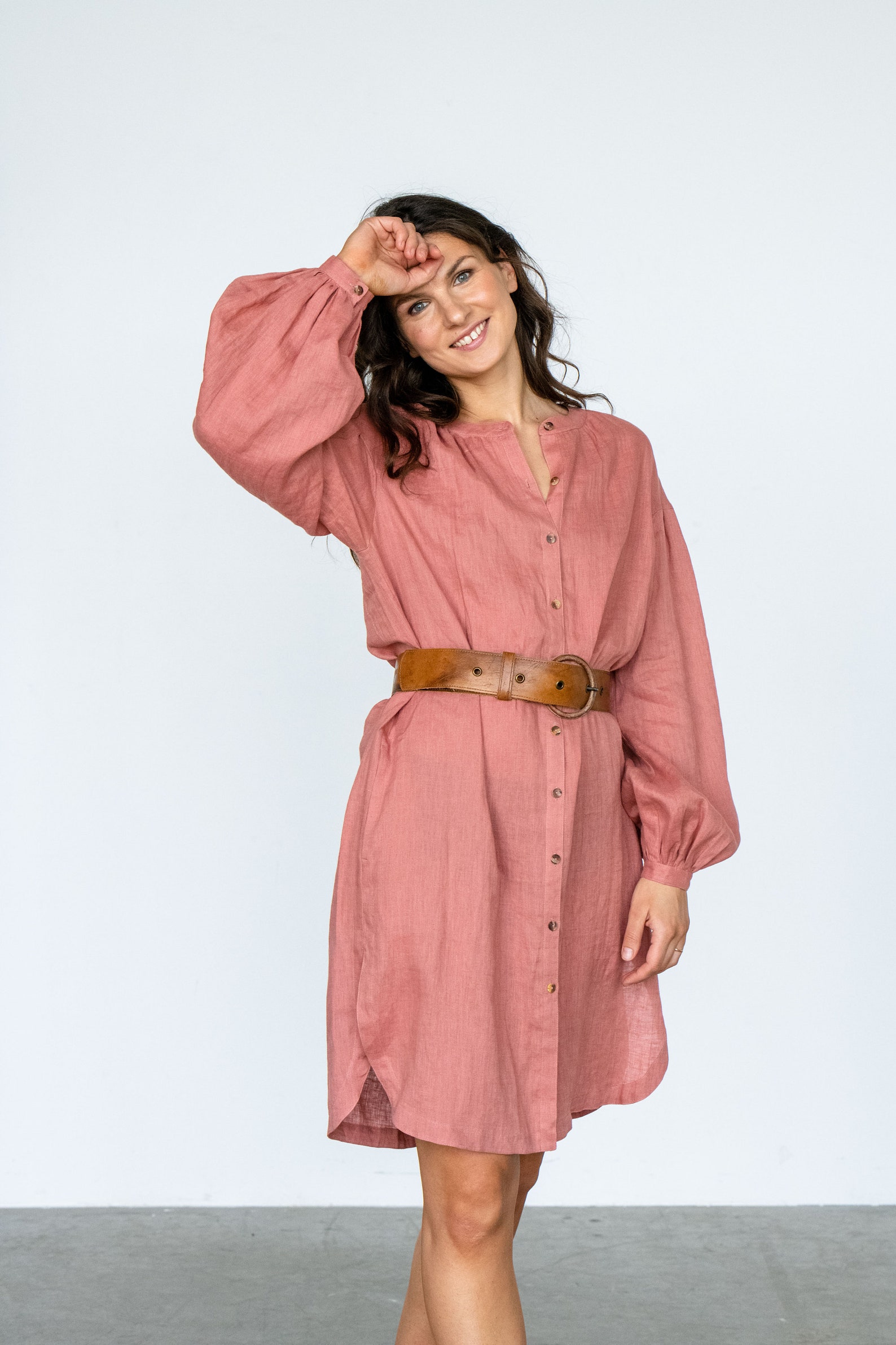 Linen Shirt Dress With Puff Sleeves, Linen Dress With Pockets, Button