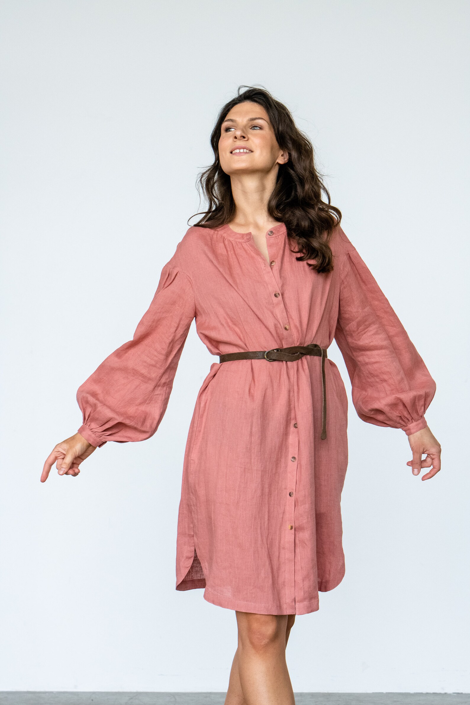 Linen Shirt Dress With Puff Sleeves, Linen Dress With Pockets, Button