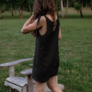 Eco-Chic Summer Mini Linen Dress Black V-Neck with Shoulder Ribbons Sustainable & Natural Country Living Fashion image 3