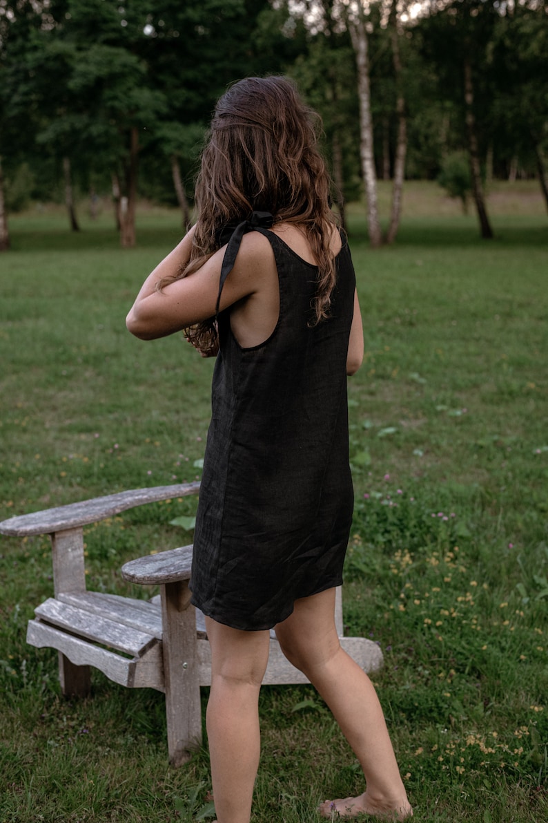 Eco-Chic Summer Mini Linen Dress Black V-Neck with Shoulder Ribbons Sustainable & Natural Country Living Fashion image 3