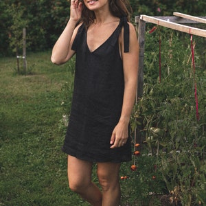 Eco-Chic Summer Mini Linen Dress Black V-Neck with Shoulder Ribbons Sustainable & Natural Country Living Fashion image 1