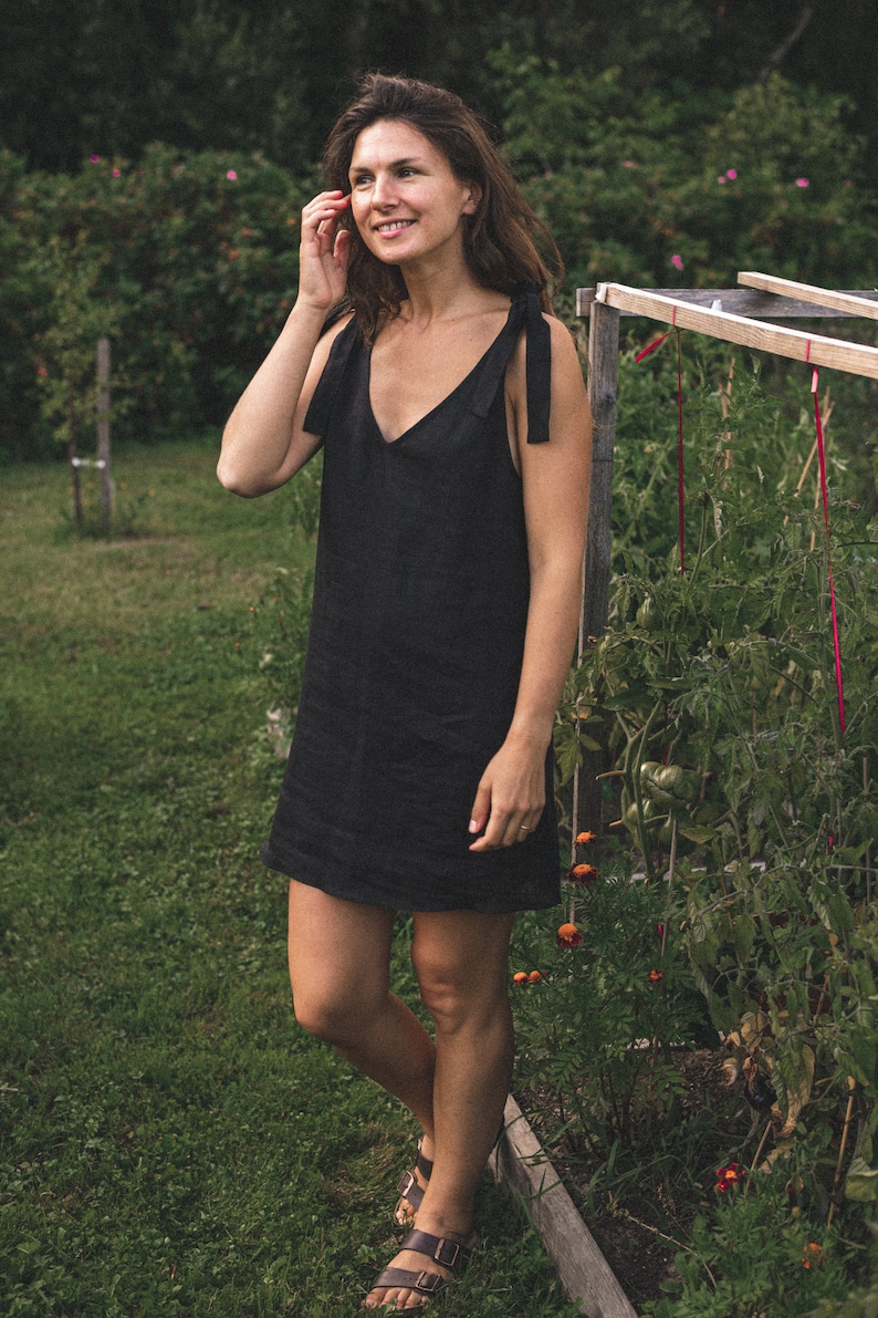 Eco-Chic Summer Mini Linen Dress Black V-Neck with Shoulder Ribbons Sustainable & Natural Country Living Fashion image 1