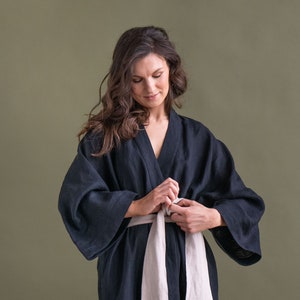 Linen Bath Robe KIMONO style Short Linen robe gift for her image 3