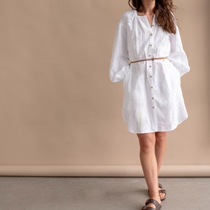 Chic Elegant White Linen Tunic Dress Perfect for Summer Brunches and Garden Parties, Artisan Crafted with Puff Sleeves image 6