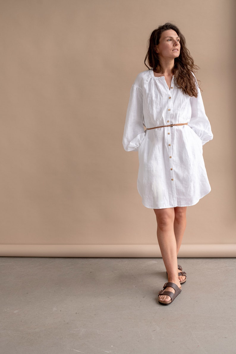 Chic Elegant White Linen Tunic Dress Perfect for Summer Brunches and Garden Parties, Artisan Crafted with Puff Sleeves image 6