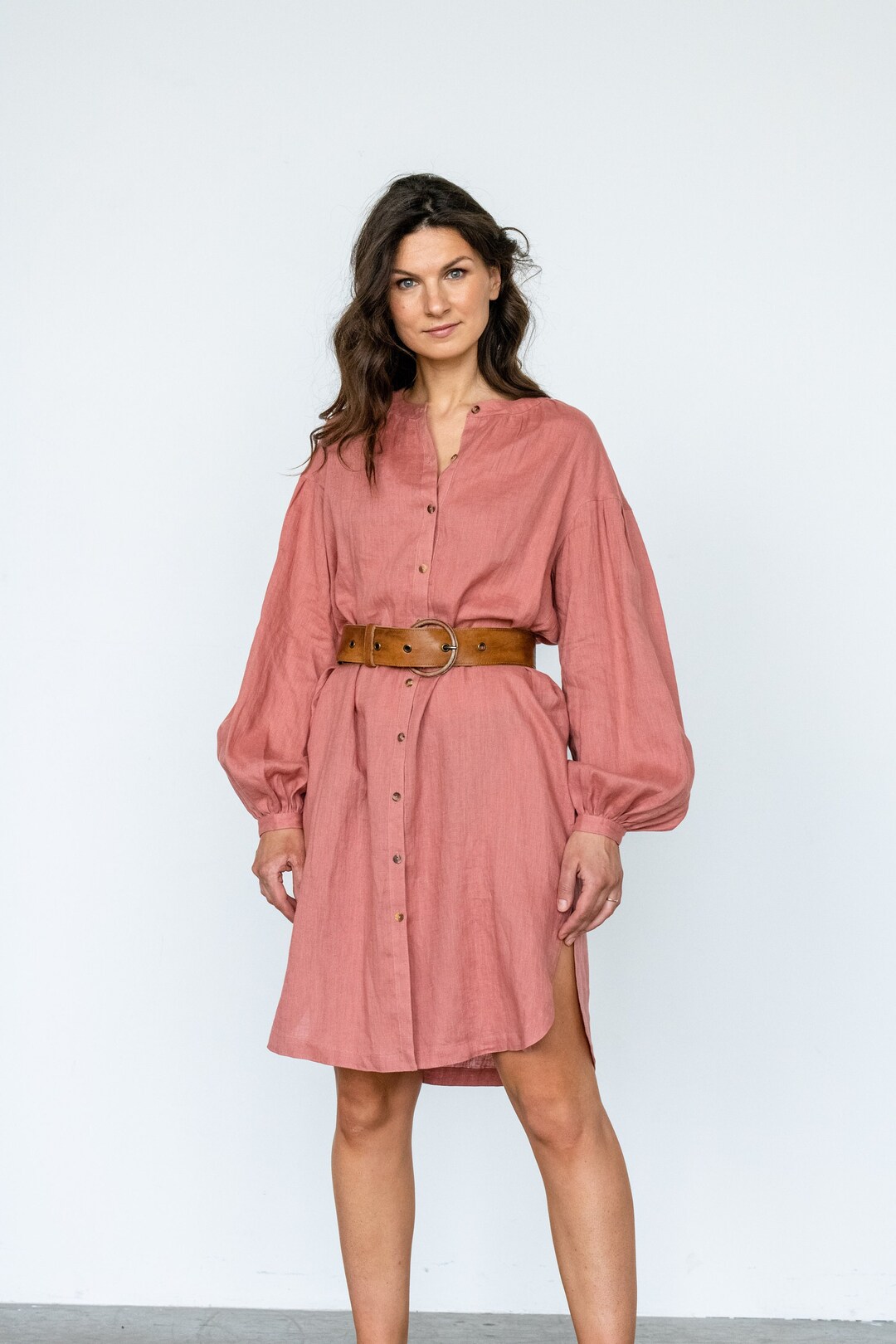 Linen Shirt Dress With Puff Sleeves, Linen Dress With Pockets, Button