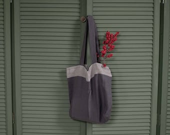 Linen spacious tote bag, beach shoulder bag, large shopping tote bag | gray stripes bag