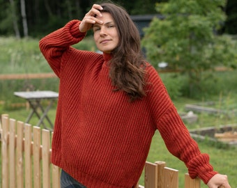 Pull en laine épaisse | | de couleur rouge rouille pull d’hiver oversize tricoté à la main | Cadeau de Noël pour son | Prêt à expédier