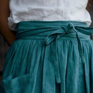 Jupe en lin de poche plaquée bleue, jupe en lin midi pour l'été, jupe en lin taille haute, vêtements en lin pour femme image 4