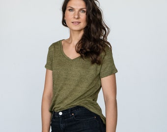 Linen jersey V-neck short sleeve top