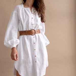 Chic Elegant White Linen Tunic Dress Perfect for Summer Brunches and Garden Parties, Artisan Crafted with Puff Sleeves image 1