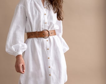 Chic Elegant White Linen Tunic Dress - Perfect for Summer Brunches and Garden Parties, Artisan Crafted with Puff Sleeves