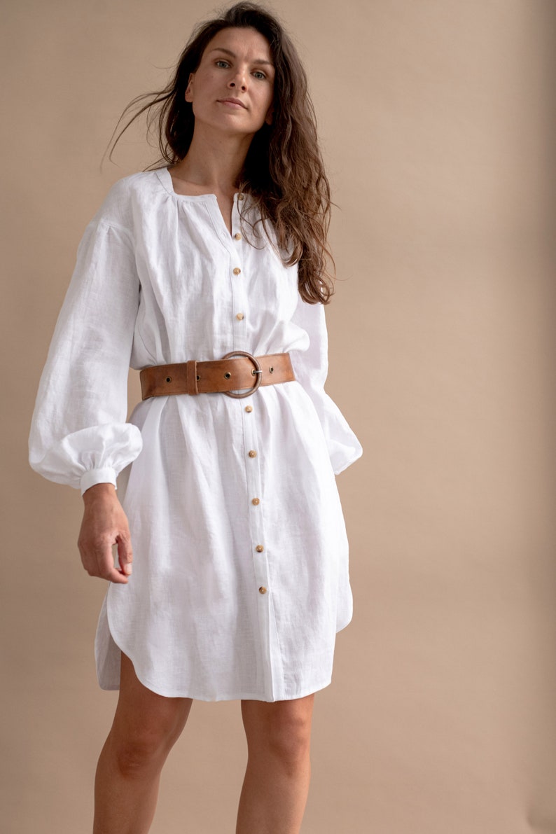 Chic Elegant White Linen Tunic Dress Perfect for Summer Brunches and Garden Parties, Artisan Crafted with Puff Sleeves image 1